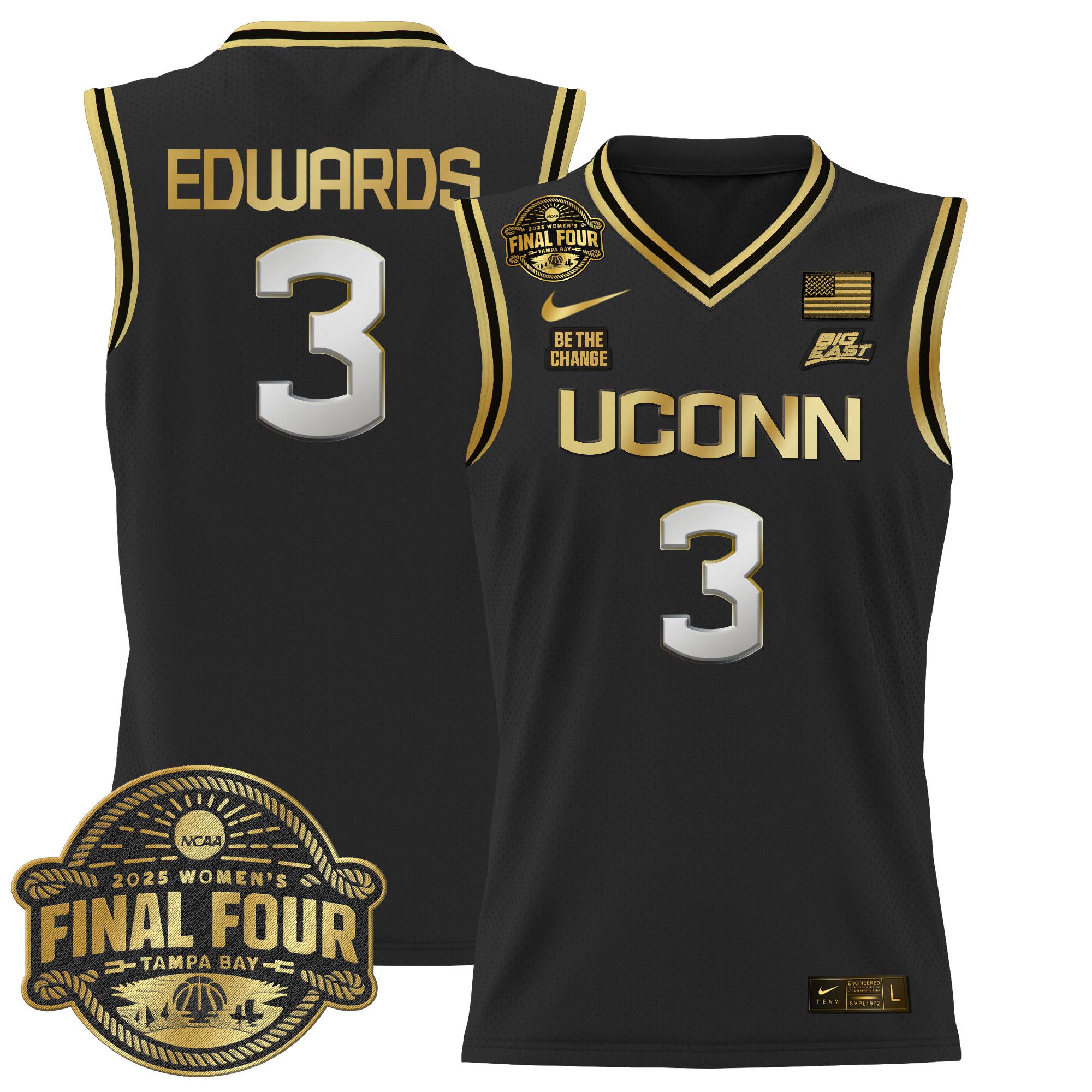 Men UConn Huskies #3 Edwards Black Nike 2025 Big Eat Final Four Patch Lightweight Basketball NCAA Jersey